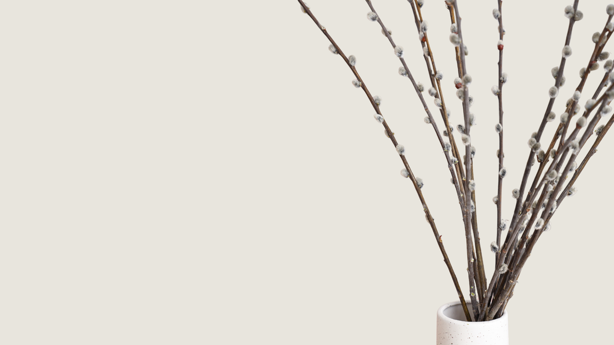 Artificial willow branches with small buds arranged in a white cylindrical vase against a solid light beige background.